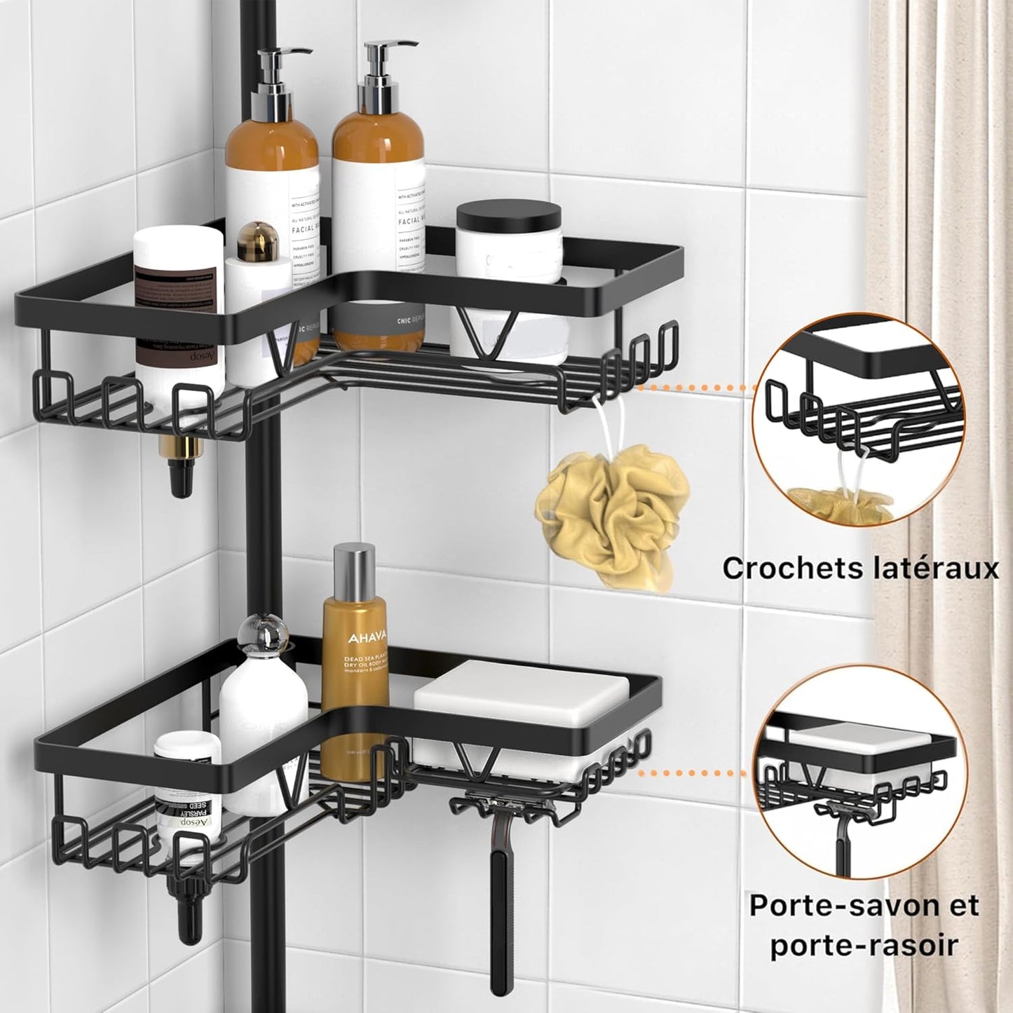 Étagère Douche Télescopique Angle Noir Pratique